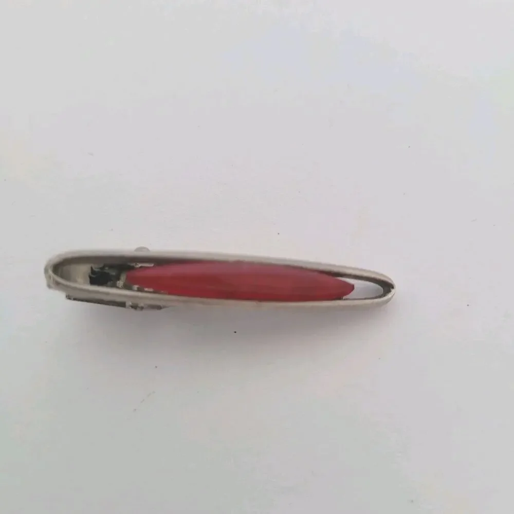 Cabochon Carnelian Agate Red Silver Bar Clip Tac Clasp Retro Vintage Small Short
